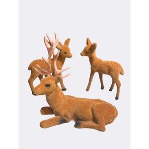 Flocked Deer and Fawn Figurine Set Of 3 Vintage